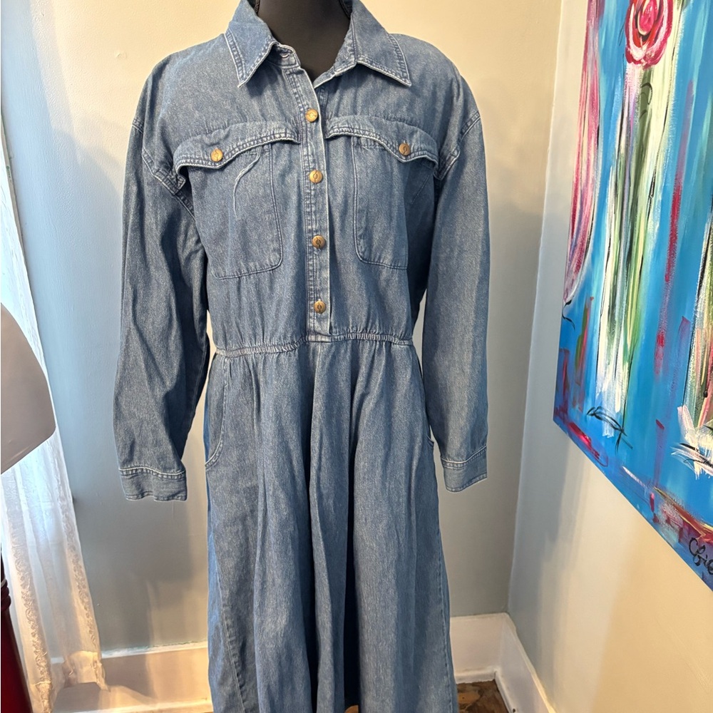 Vtg 80s 90s rest and relaxation womens denim jean dress pockets chambray L XL
